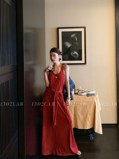 1302LABchill Korean style breathable rust red waist lazy skirt female belly-covering sleeveless dress