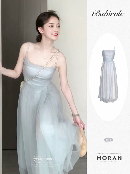 French beautiful blue temperament suspender dress 2025 summer new female seaside holiday style mesh long skirt