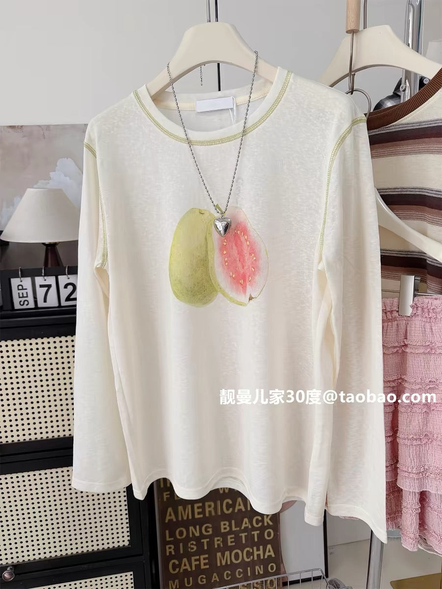 Guava is here! Korean style sweet and cute fruit print long-sleeved T-shirt for women, Lyocell Tencel sun protection loose top