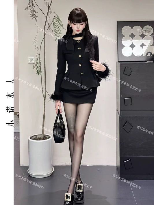 Xiaonuo's own gold-colored cotton suit, waist-cinching and elegant lady jacket, high-waisted hip skirt, two-piece set 241024