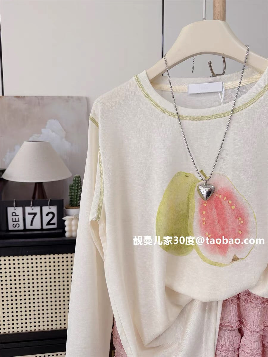 Guava is here! Korean style sweet and cute fruit print long-sleeved T-shirt for women, Lyocell Tencel sun protection loose top