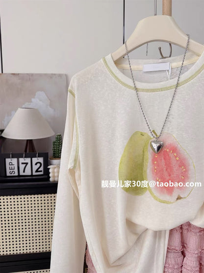 Guava is here! Korean style sweet and cute fruit print long-sleeved T-shirt for women, Lyocell Tencel sun protection loose top