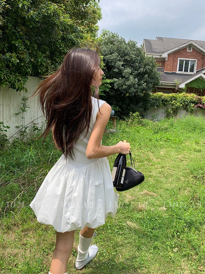 1302LAB White sleeveless knitted patchwork puffy dress for women spring and summer high waist slim sweet princess dress