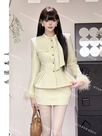 Xiaonuo's own gold-colored cotton suit, waist-cinching and elegant lady jacket, high-waisted hip skirt, two-piece set 241024