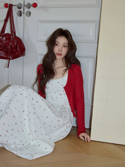 Chaochao's Korean Style White Floral Print Sundress for Women, Spring 2026, Casual Slim Fit Elegant A-line Long Skirt