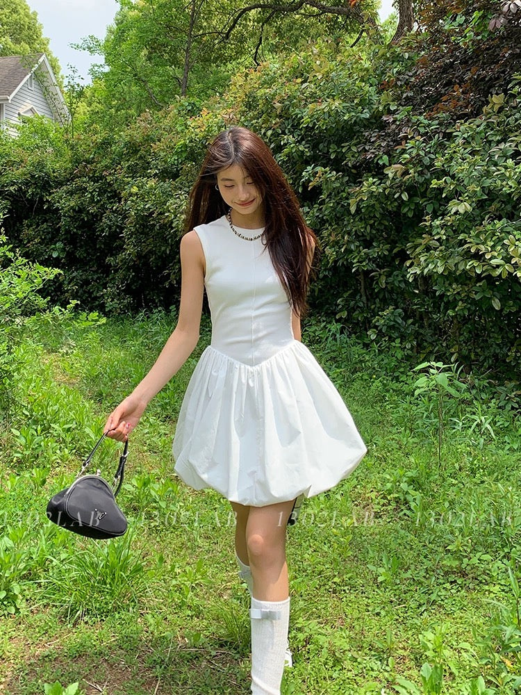 1302LAB White sleeveless knitted patchwork puffy dress for women spring and summer high waist slim sweet princess dress