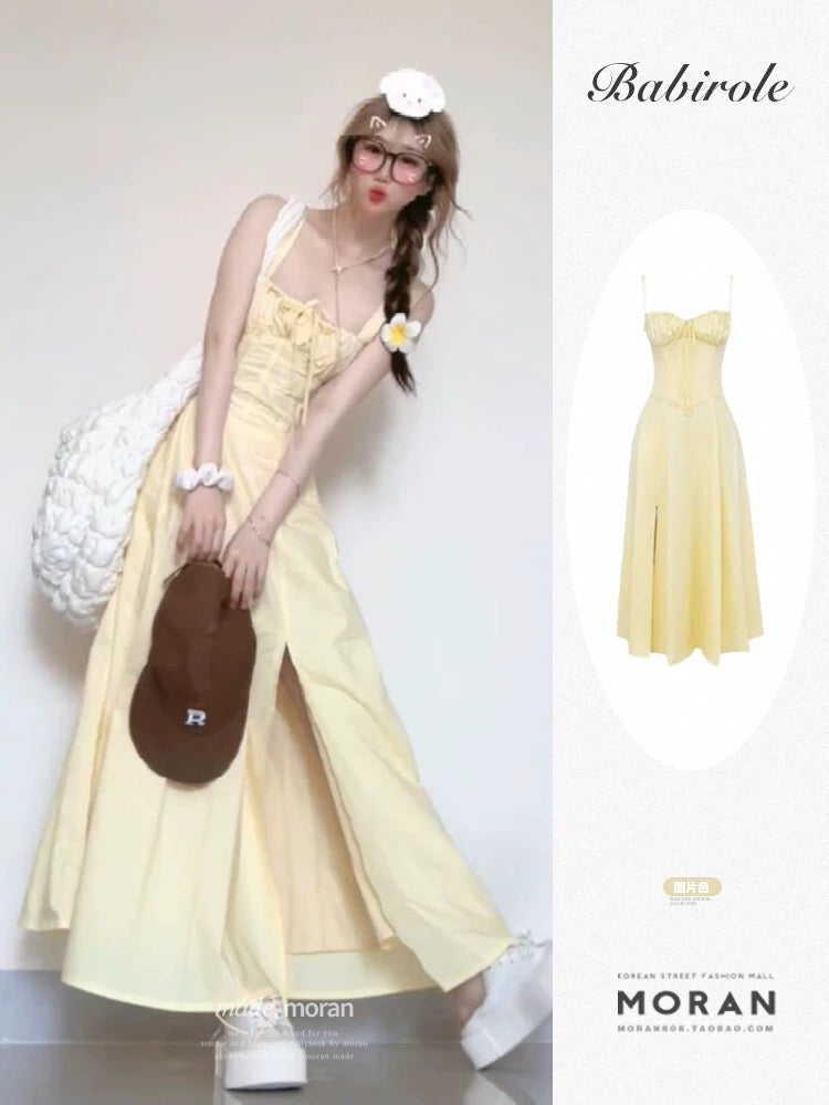 Summer cream yellow gentle suspender dress female summer design niche sleeveless tube top slit long skirt waist slimming