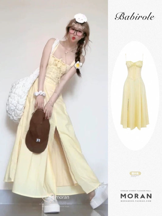 Summer cream yellow gentle suspender dress female summer design niche sleeveless tube top slit long skirt waist slimming