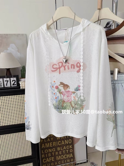 Lyocell Tencel Summer Coolness ~ Youthful and Relaxed Bunny Top, Oversized Hooded Long-Sleeve T-Shirt with Sun Protection