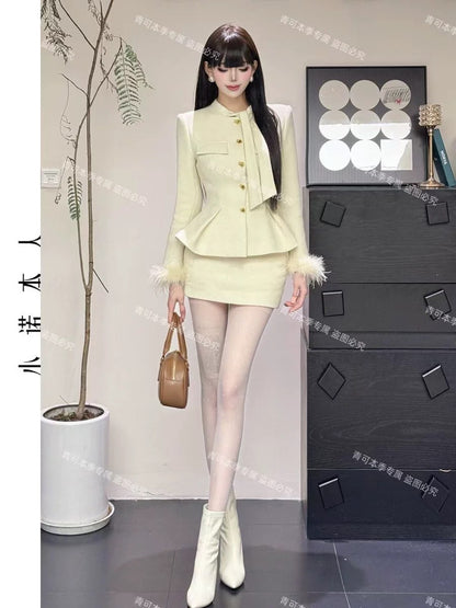 Xiaonuo's own gold-colored cotton suit, waist-cinching and elegant lady jacket, high-waisted hip skirt, two-piece set 241024