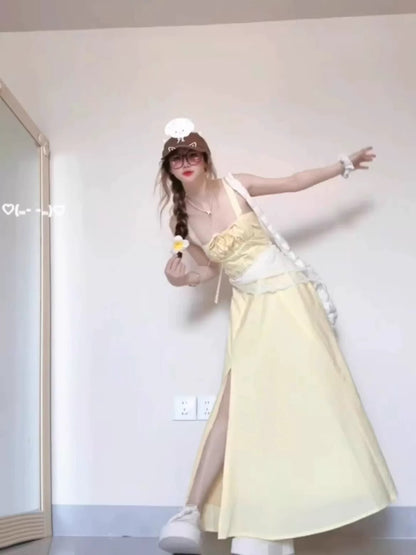 Summer cream yellow gentle suspender dress female summer design niche sleeveless tube top slit long skirt waist slimming