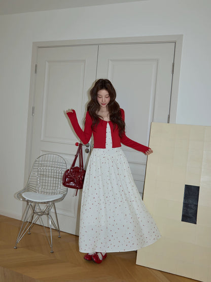 Chaochao's Korean Style White Floral Print Sundress for Women, Spring 2026, Casual Slim Fit Elegant A-line Long Skirt