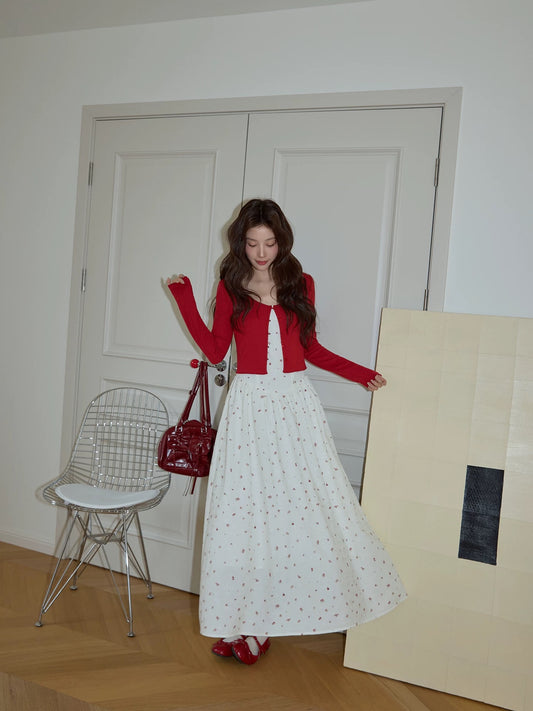 Chaochao's Korean Style White Floral Print Sundress for Women, Spring 2026, Casual Slim Fit Elegant A-line Long Skirt