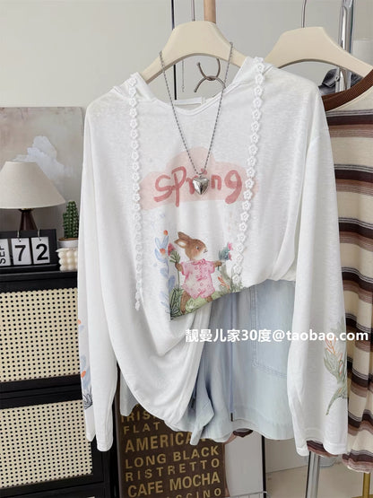 Lyocell Tencel Summer Coolness ~ Youthful and Relaxed Bunny Top, Oversized Hooded Long-Sleeve T-Shirt with Sun Protection