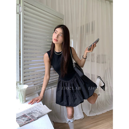 1302LAB White sleeveless knitted patchwork puffy dress for women spring and summer high waist slim sweet princess dress