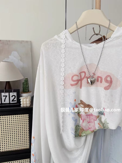 Lyocell Tencel Summer Coolness ~ Youthful and Relaxed Bunny Top, Oversized Hooded Long-Sleeve T-Shirt with Sun Protection