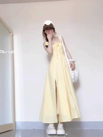 Summer cream yellow gentle suspender dress female summer design niche sleeveless tube top slit long skirt waist slimming