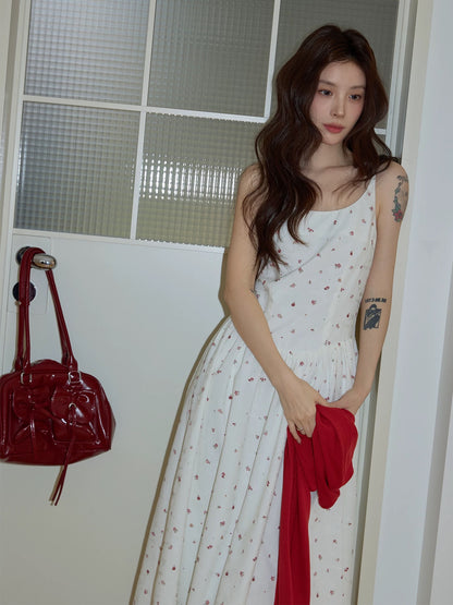 Chaochao's Korean Style White Floral Print Sundress for Women, Spring 2026, Casual Slim Fit Elegant A-line Long Skirt