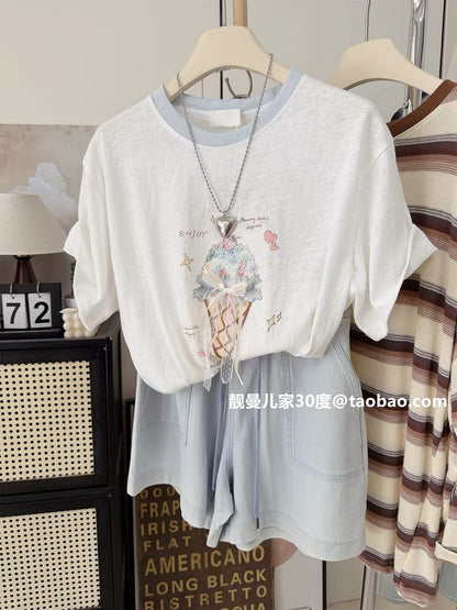 Full of sincerity~ Sequined ice cream style simple and stylish loose top, Korean style petite linen cotton short-sleeved T-shirt