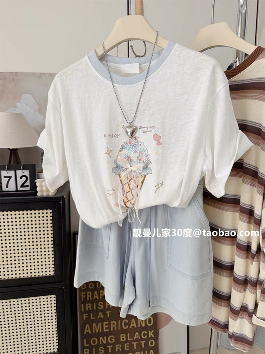 Full of sincerity~ Sequined ice cream style simple and stylish loose top, Korean style petite linen cotton short-sleeved T-shirt