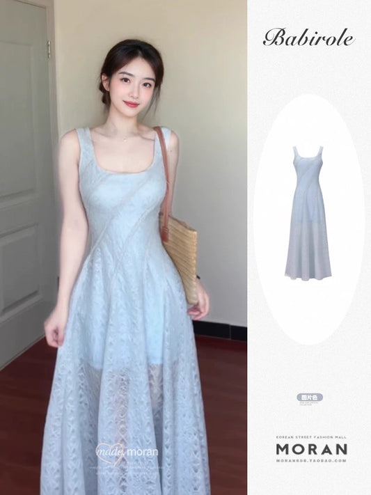 French blue lace suspender dress for women 2025 summer new style temperament waist seaside holiday style long skirt