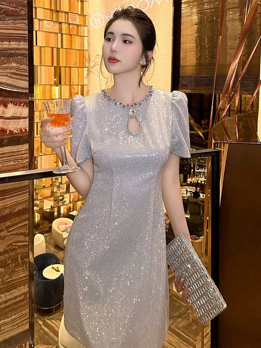 European station daughter's dress, summer female upper class birthday party dress, shiny short skirt