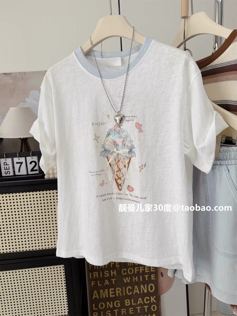 Full of sincerity~ Sequined ice cream style simple and stylish loose top, Korean style petite linen cotton short-sleeved T-shirt