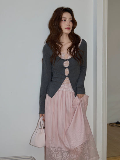 Chaochao's Gentle Gray Lace Faux Two-Piece Knit Top and Pink Skirt Spring Casual Set