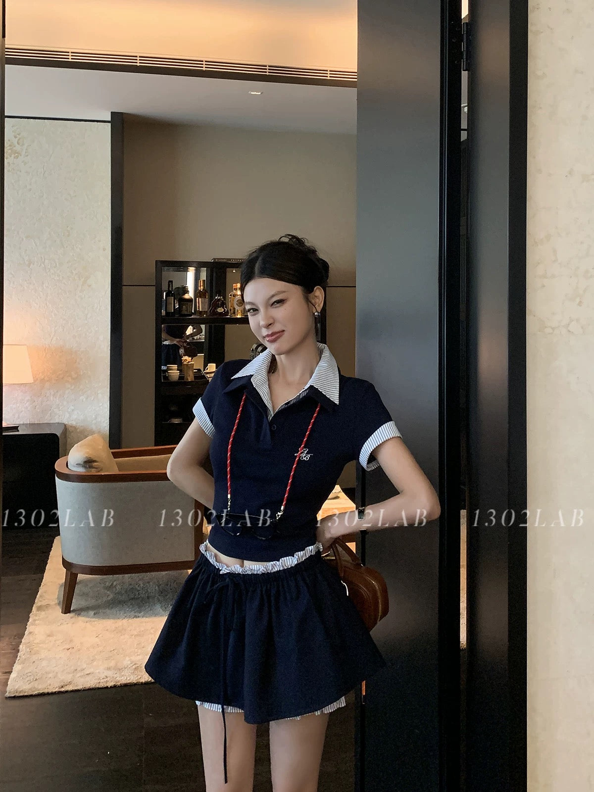 1302LAB [miu series college] pure desire style American college polo shirt temperament age-reducing contrast color suit
