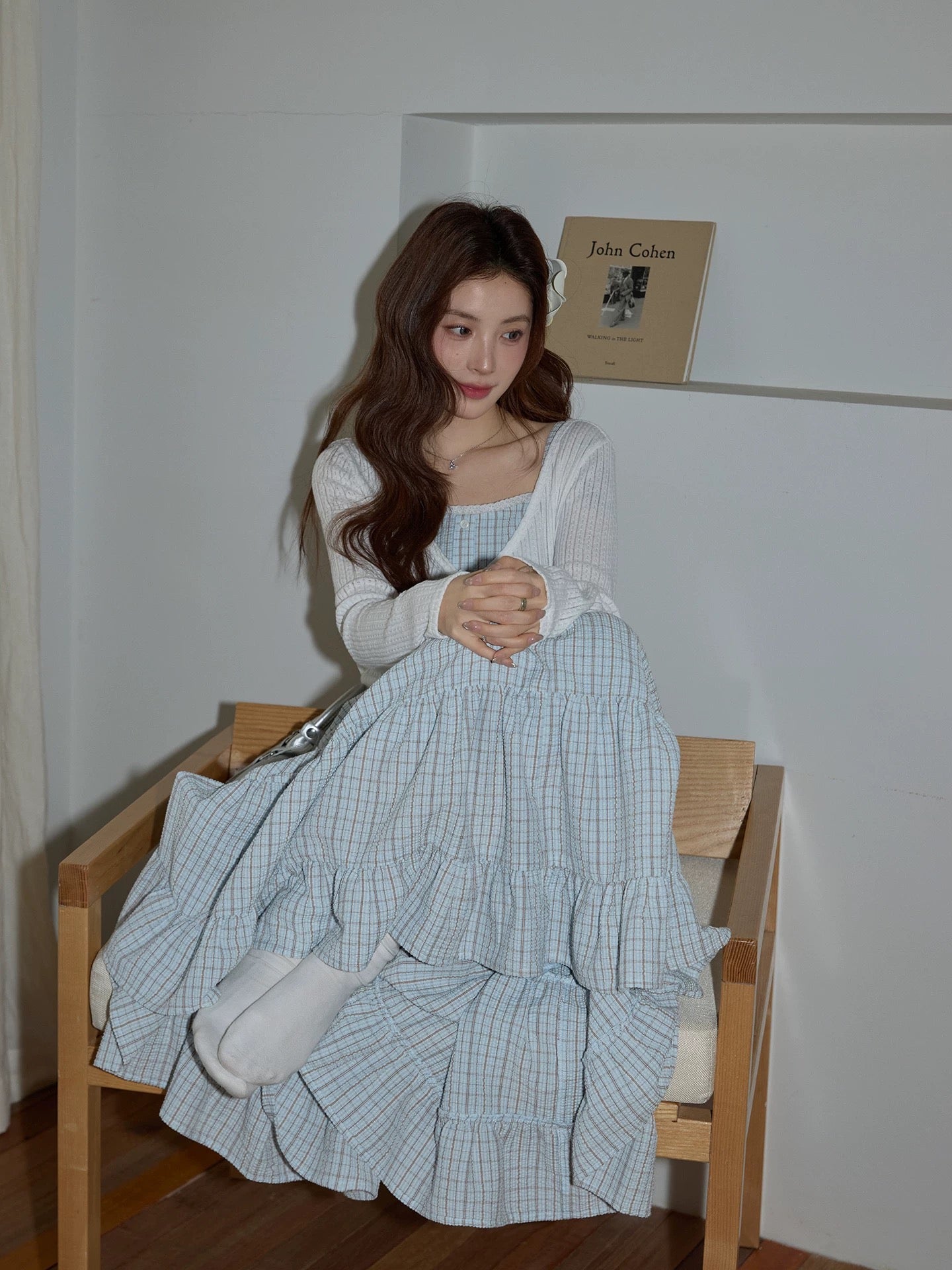 Chaochao's Japanese-style blue plaid suspender dress, spring 2026, relaxed, elegant, casual, slim-fitting A-line long skirt.