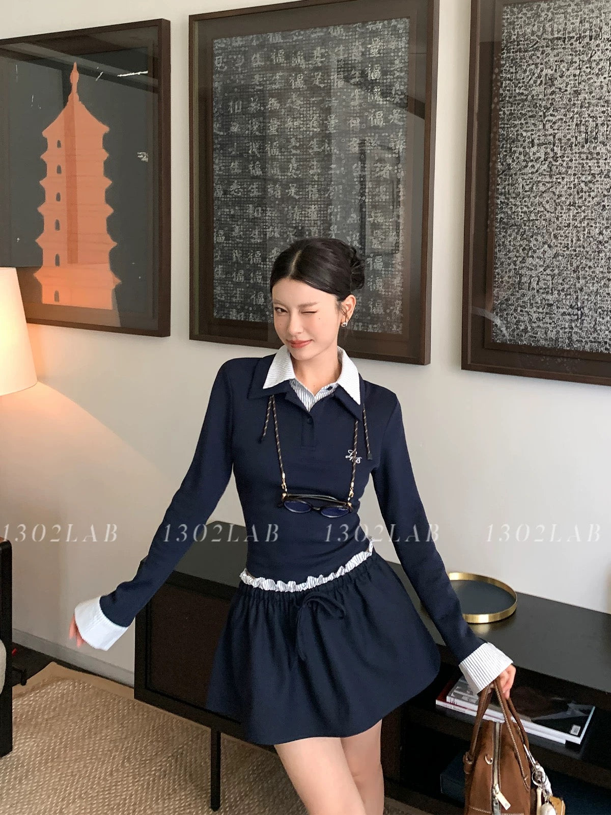1302LAB [miu series college] pure desire style American college polo shirt temperament age-reducing contrast color suit