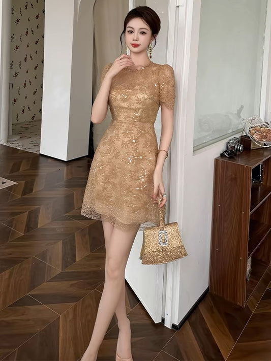 European lace embroidery dress for women summer sequined heavy industry high-end small waist slimming temperament a-line skirt