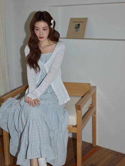 Chaochao's Japanese-style blue plaid suspender dress, spring 2026, relaxed, elegant, casual, slim-fitting A-line long skirt.