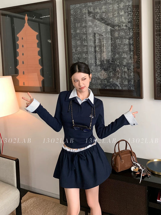 1302LAB [miu series college] pure desire style American college polo shirt temperament age-reducing contrast color suit