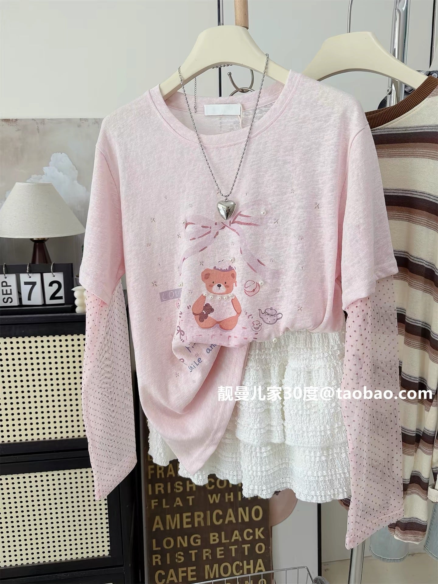 Sweet and youthful~ Pearl bear summer thin polka dot mesh patchwork sleeve fake two-piece top long-sleeved T-shirt sun protection shirt