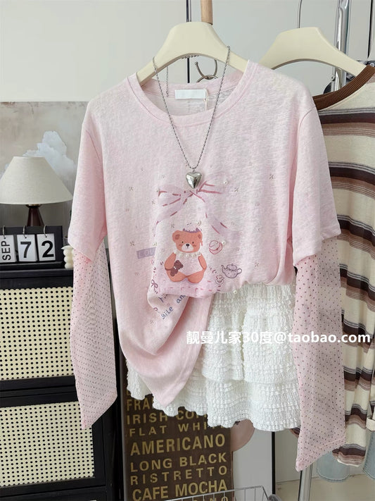 Sweet and youthful~ Pearl bear summer thin polka dot mesh patchwork sleeve fake two-piece top long-sleeved T-shirt sun protection shirt
