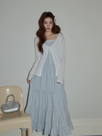 Chaochao's Japanese-style blue plaid suspender dress, spring 2026, relaxed, elegant, casual, slim-fitting A-line long skirt.
