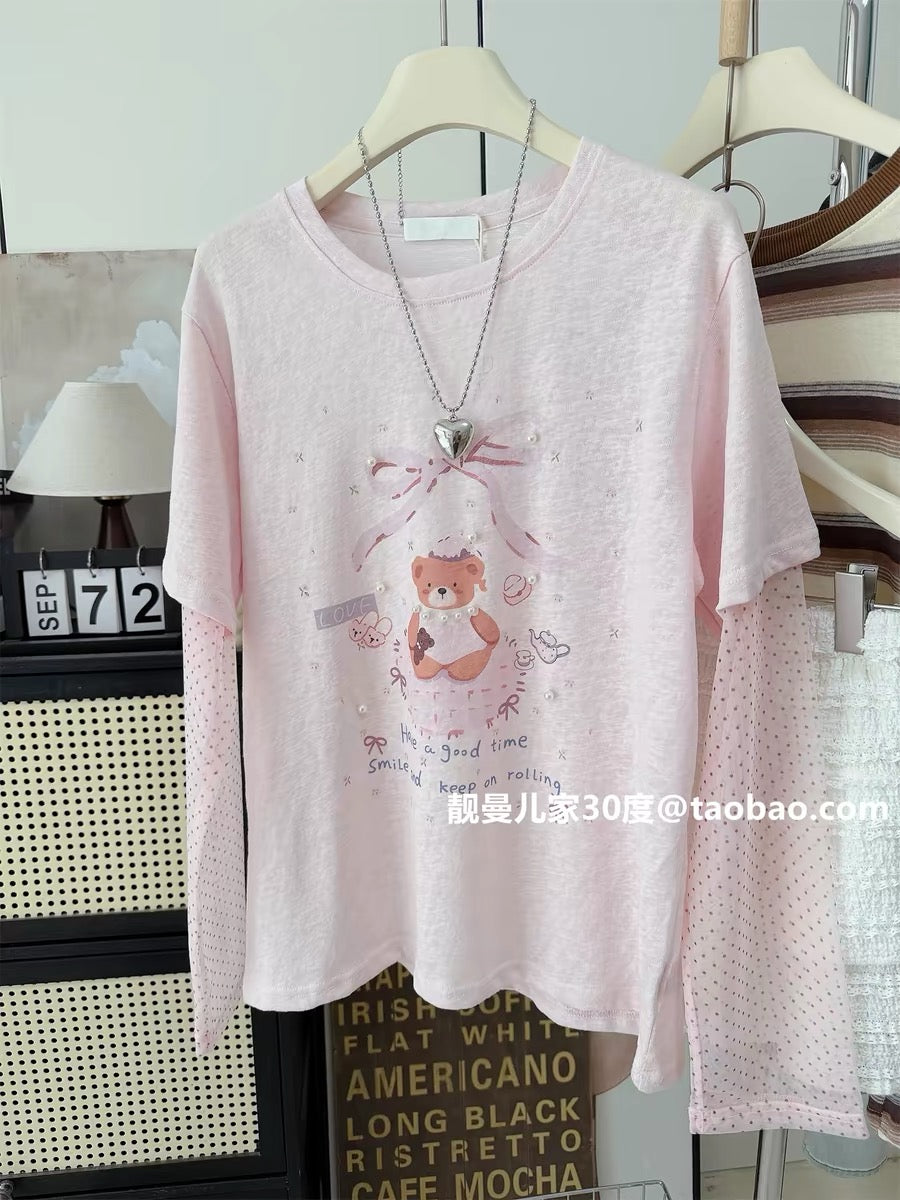 Sweet and youthful~ Pearl bear summer thin polka dot mesh patchwork sleeve fake two-piece top long-sleeved T-shirt sun protection shirt