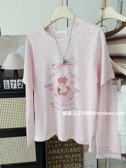 Sweet and youthful~ Pearl bear summer thin polka dot mesh patchwork sleeve fake two-piece top long-sleeved T-shirt sun protection shirt
