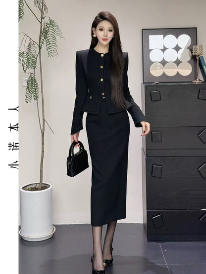 Xiaonuo's own small fragrant style autumn and winter waist-cinching elegant lady jacket high waist hip skirt two-piece set 24797