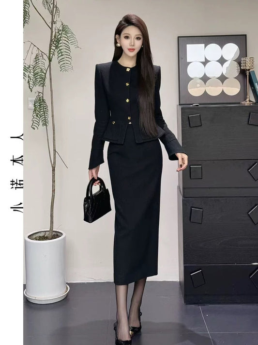 Xiaonuo's own small fragrant style autumn and winter waist-cinching elegant lady jacket high waist hip skirt two-piece set 24797