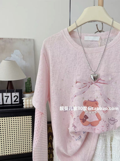 Sweet and youthful~ Pearl bear summer thin polka dot mesh patchwork sleeve fake two-piece top long-sleeved T-shirt sun protection shirt