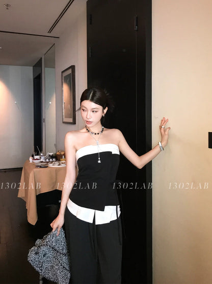 1302LAB/【Relax vibe】Designed to be worn with fake two-piece tube top casual pants for summer matching as a complete set