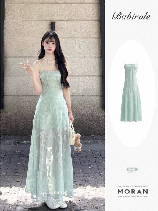 French unique beautiful waist green sling mesh dress female 2025 new summer beautiful slim long skirt