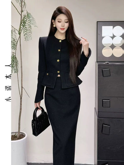 Xiaonuo's own small fragrant style autumn and winter waist-cinching elegant lady jacket high waist hip skirt two-piece set 24797