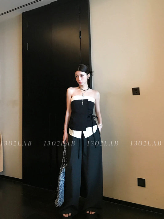 1302LAB/【Relax vibe】Designed to be worn with fake two-piece tube top casual pants for summer matching as a complete set