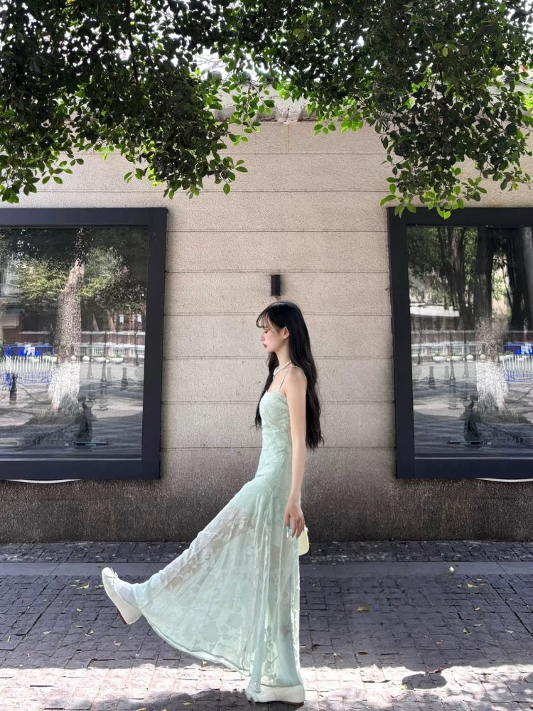 French unique beautiful waist green sling mesh dress female 2025 new summer beautiful slim long skirt