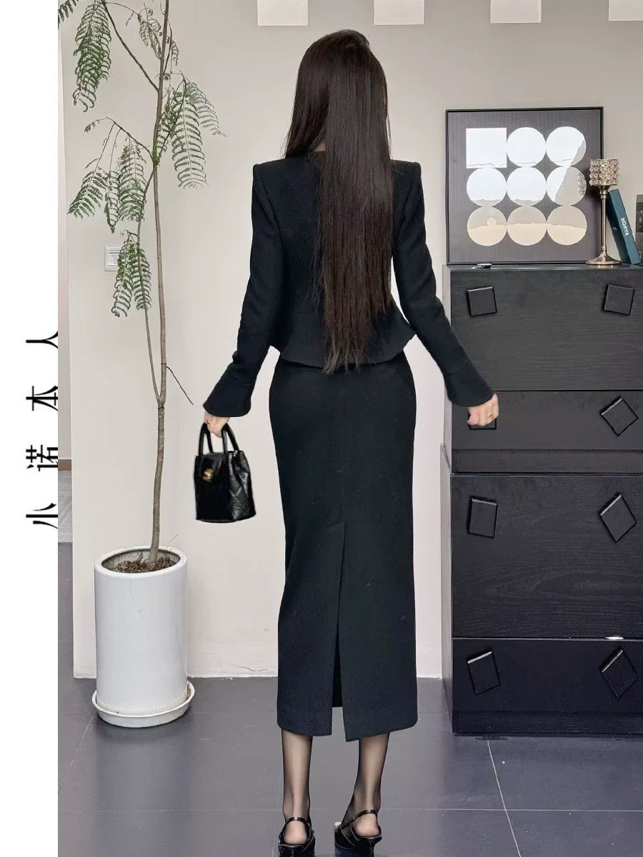 Xiaonuo's own small fragrant style autumn and winter waist-cinching elegant lady jacket high waist hip skirt two-piece set 24797