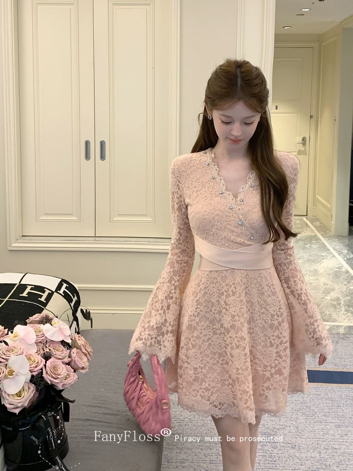 FanyFloss Elegant V-neck Lace Cutout Rhinestone-embroidered Waist Dress, Women's Flared Sleeves, Rhinestone Embroidery Gown