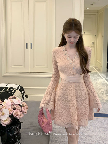 FanyFloss Elegant V-neck Lace Cutout Rhinestone-embroidered Waist Dress, Women's Flared Sleeves, Rhinestone Embroidery Gown